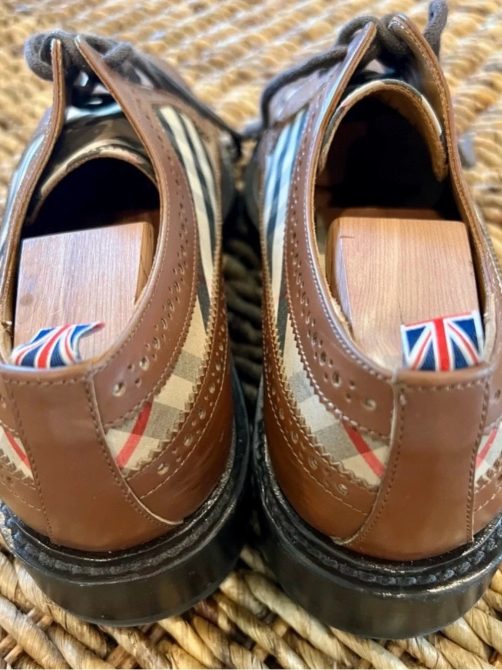Burberry Brown Leather & Signature Check Wingtip Oxfords
